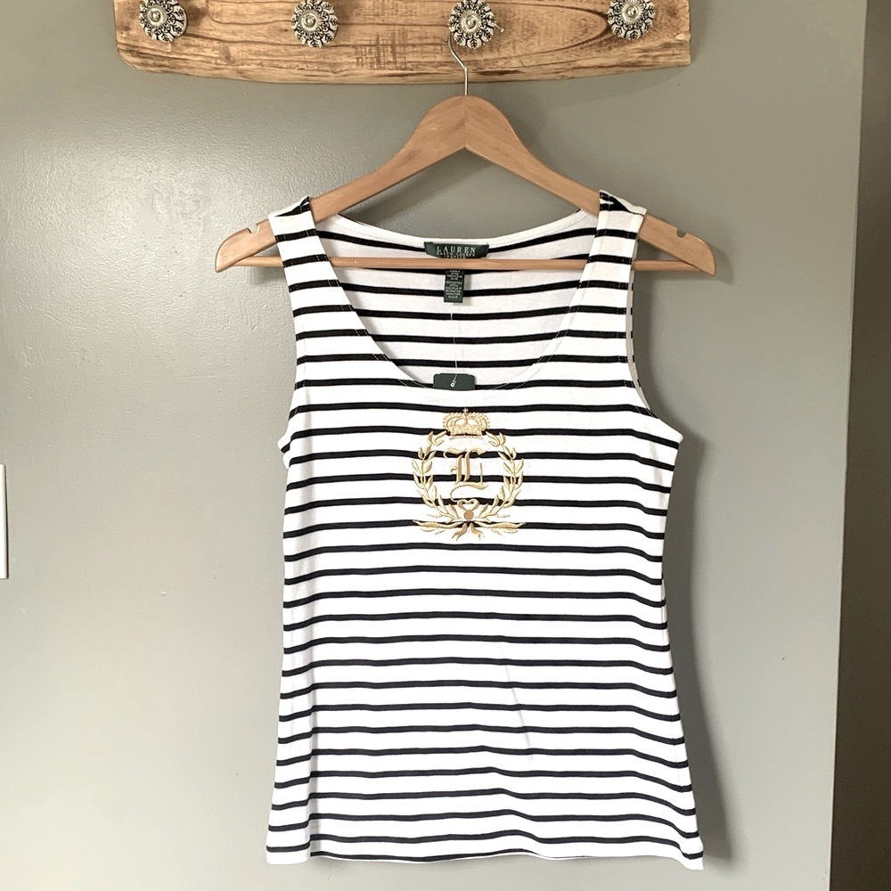 Ralph Lauren ✨ NWT Striped Gold Embroidered Crest Cotton Petite Tank Top - Picture 1 of 6
